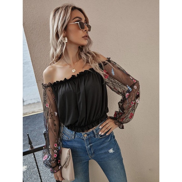 off the shoulder long sleeve sheer Flower Mesh Embroidered Sleeve black Top - Picture 7 of 7